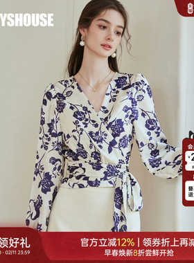 罗衣法式泡泡袖缎面衬衫女2025秋季新款气质V领衬衣系带上衣10125