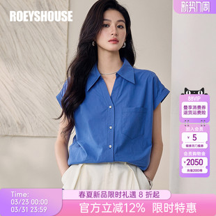 上衣12468 女夏轻商务简约通勤宽松短袖 罗衣时尚 百搭蓝色纯棉衬衫