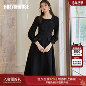 气质黑色长袖 罗衣法式 方领收腰大摆连衣裙春季 大摆晚会礼裙09934