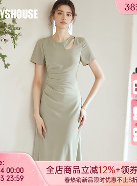 罗衣优雅镂空褶皱连衣裙女夏季高级感气质豆绿色淑女中长裙06671