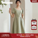 罗衣复古方领豆绿色连衣裙2025夏装 新款 淑女拼接褶皱大摆裙06692