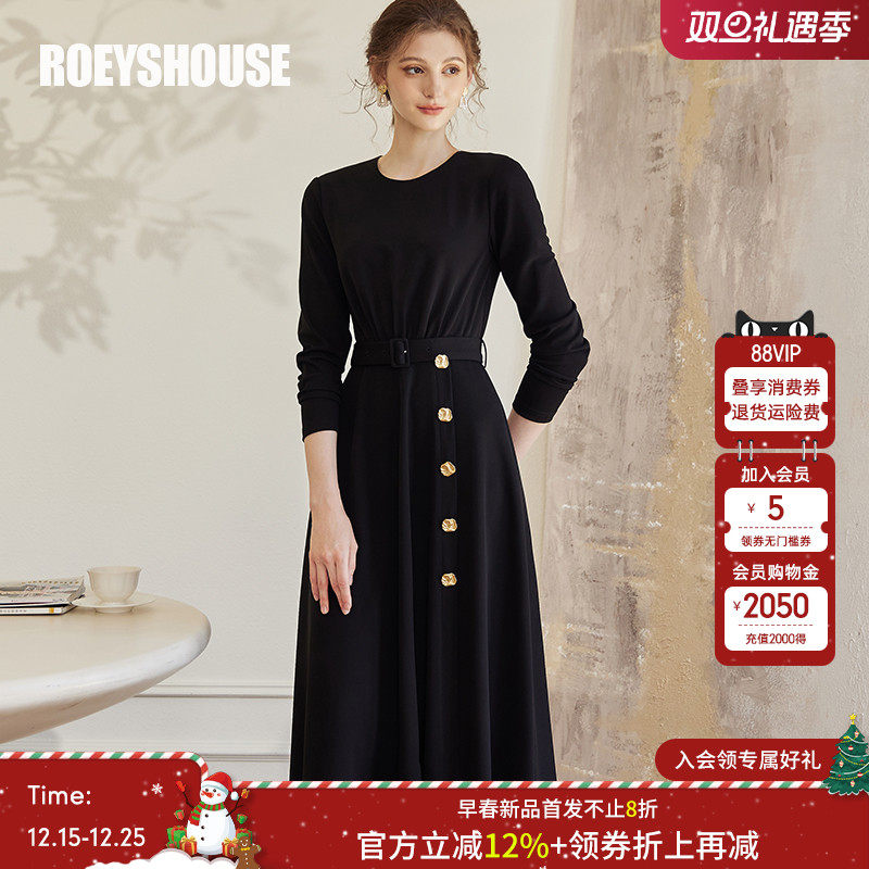 罗衣知性黑色弹力针织大摆连衣裙