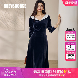 拼接内搭大摆裙12841 丝绒连衣裙2025秋冬时尚 罗衣法式 小资V领修身