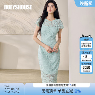 罗衣高级蕾丝修身 优雅镂空圆领中长裙12461 连衣裙女2025夏季 新款