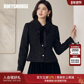 罗衣精致小香风收腰毛呢外套女春千金风系带领黑色短款 上衣13123