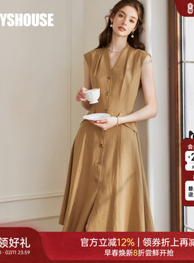 罗衣气质亚麻无袖连衣裙2025夏季新款时尚V领卡其色大摆裙子10221