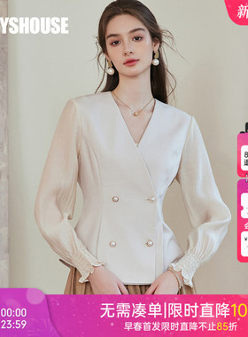 罗衣通勤OL风拼接V领衬衫女春季双排扣收腰衬衣长袖杏色上衣10078