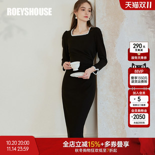 褶皱连衣裙09710 优雅修身 罗衣复古方领包臀小黑裙女2025秋季 新款