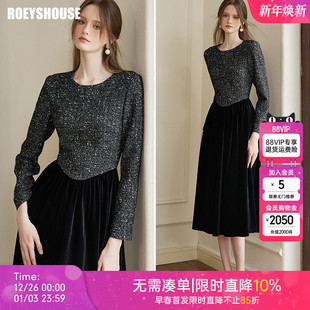 复古黑色收腰裙09481 新款 罗衣法式 粗花呢拼接丝绒连衣裙2025冬季