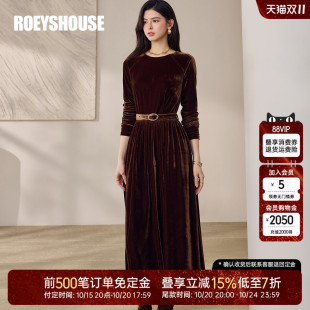 罗衣高级丝绒系带连衣裙女2025秋冬新款 气质优雅深咖色长裙12830