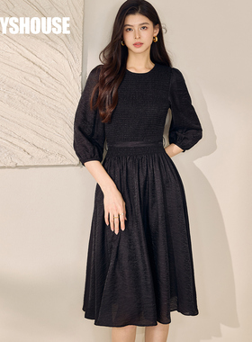 罗衣端庄大气醋酸泡泡袖缎面连衣裙女春时尚通勤黑色大摆裙12388