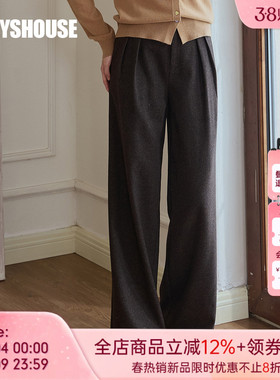 罗衣通勤百搭深咖色毛呢裤子女春职场高级感复古高腰阔腿裤11523