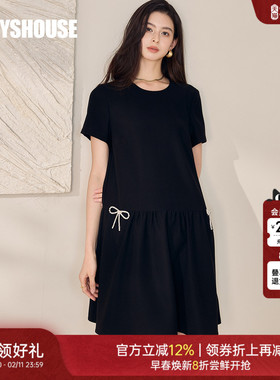 罗衣气质圆领黑色连衣裙女2025夏季新款时尚法式蝴蝶结裙子12164