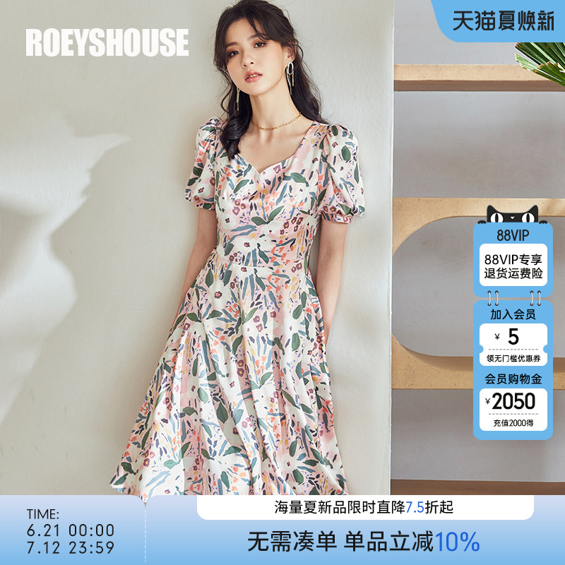复古风新款桃心领短袖缎面连衣裙