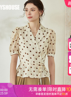 罗衣法式复古波点衬衫2025夏装新款气质泡泡袖衬衣收腰上衣08579