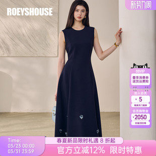 罗衣优雅商务深蓝大摆连衣裙女早春精致立体花无袖 中长裙子13375