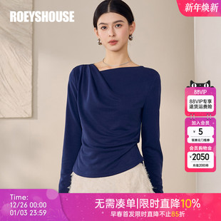 时尚 罗衣气质修身 女2025秋新款 针织衬衫 宝蓝色斜领上衣12581 长袖