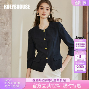 罗衣藏青色收腰高端小西装 圆领高级短外套10105 上衣女春通勤修身