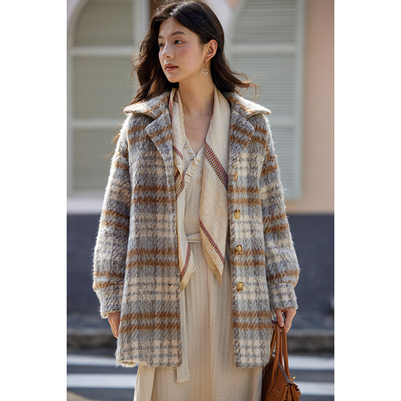 molifusu《英伦晚枫》复古翻折领经典灰蓝格纹羊毛短款外套大衣
