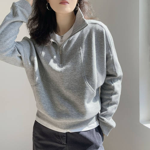 cozy fit极简风套头半拉链无帽长绒棉灰色松弛感韩系boxy卫衣女