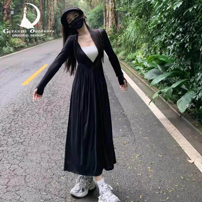 德国黑色防晒衣女款2025新全身长款防紫外线修身大裙摆户外防晒服