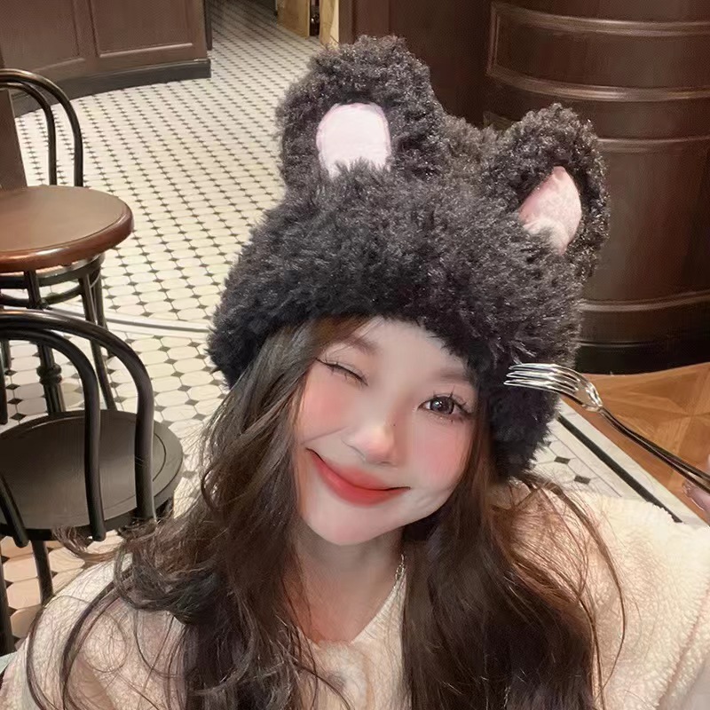 可爱兔耳朵毛绒帽子女秋冬百搭
