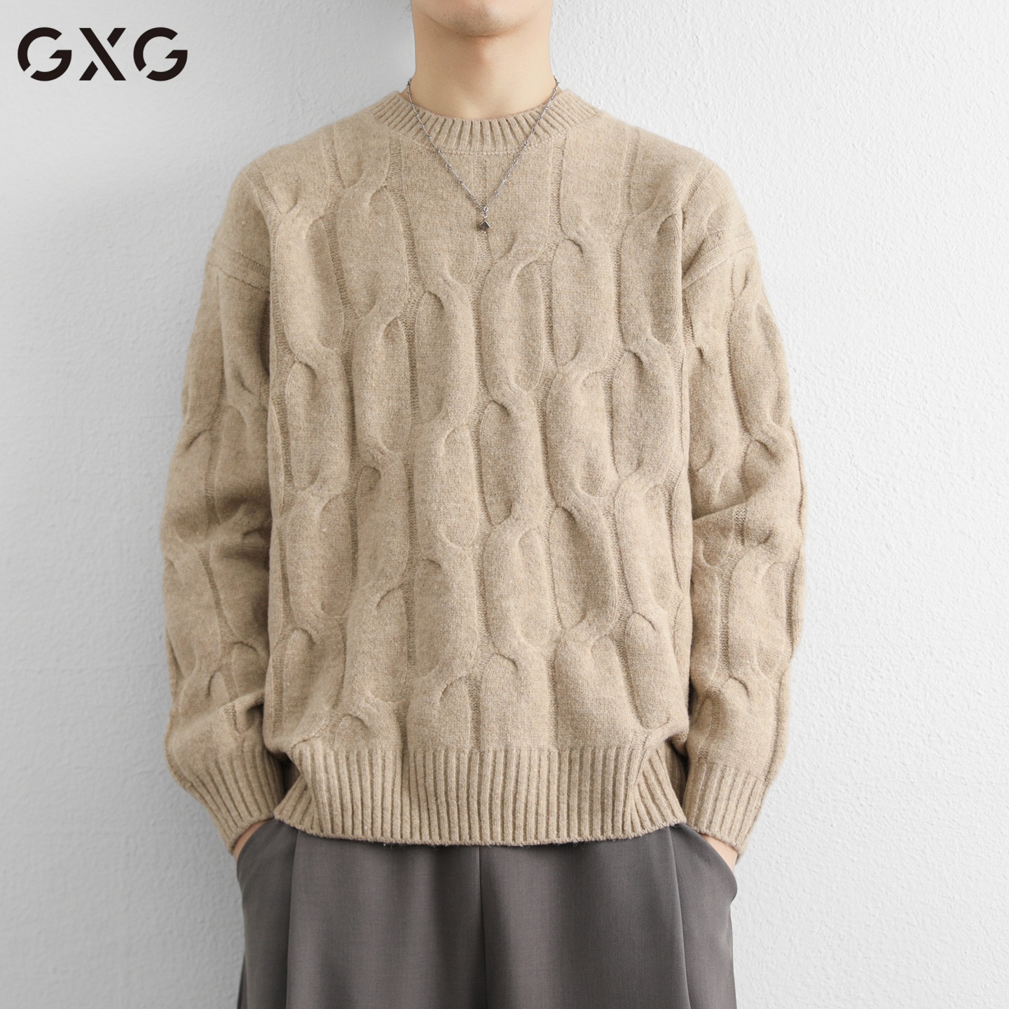 GXG男2025秋冬套头休闲时尚舒适麻花款打底毛衣针织衫