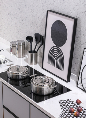 轻奢样板间橱房组合饰品摆件不锈钢锅具储物罐厨具砧板道具软装