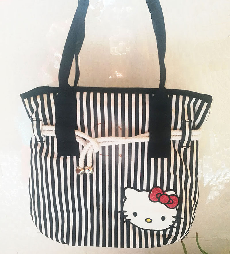 休闲轻便大包条纹棉质帆布包布艺女包学生单肩包日系卡通KITTY猫