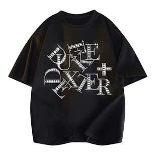 DUKE+DEXTER 美式复古高街仿烫钻字母印花宽松休闲运动短袖T恤