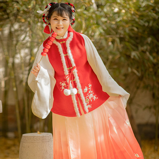 【4折清仓】泠泠七弦【小肥啾】原创汉服精致绣花双面呢比甲现货