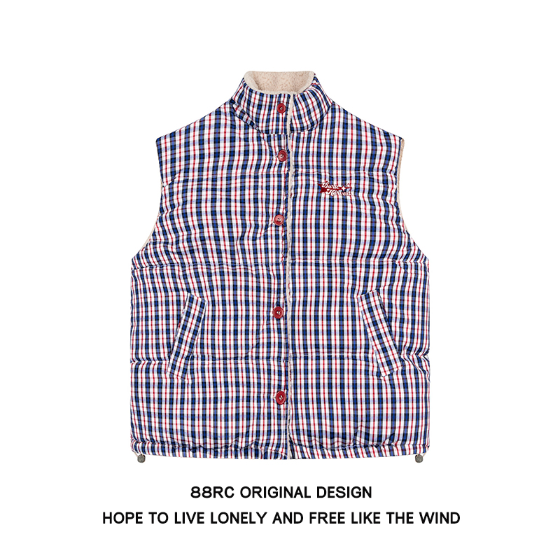 格子双面穿加绒加厚马甲