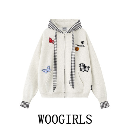 WOOGIRLS美式复古字母蝴蝶贴布连帽卫衣外套女宽松设计感小众上衣