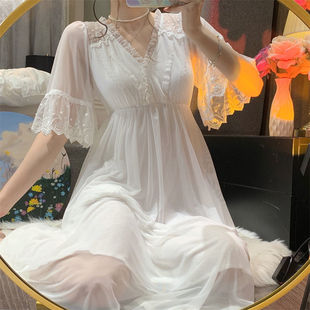 宫廷风带胸垫睡衣女夏天薄款 甜美网纱蕾丝睡裙外穿家居服短袖 套装