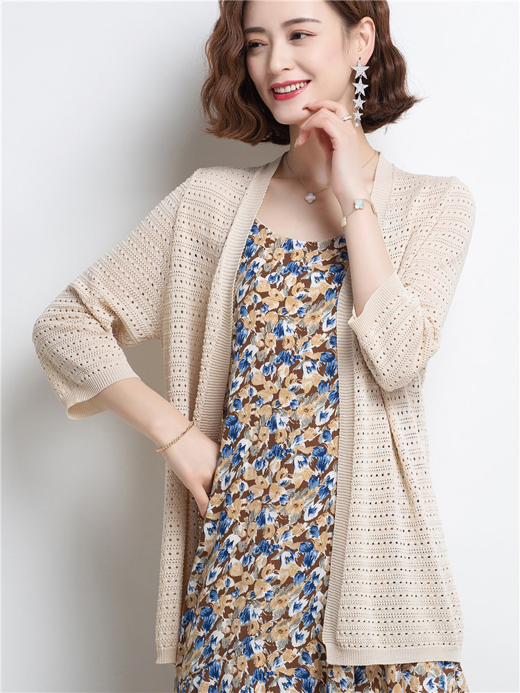 中长款冰丝针织开衫薄款女七分袖2022年新款夏季外搭镂空配裙披肩