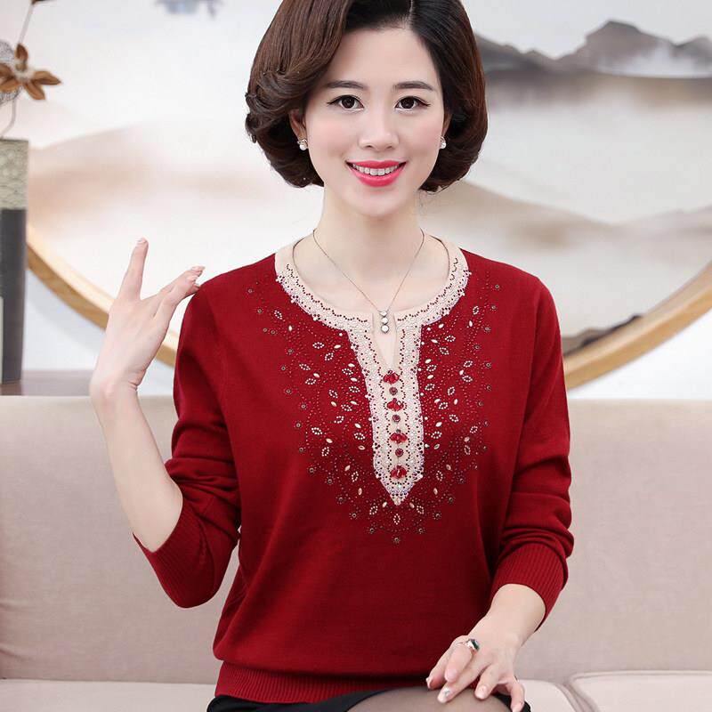本命年红色上衣妈妈装羊毛衫秋冬中老年毛衣女加肥加大老人打底衫