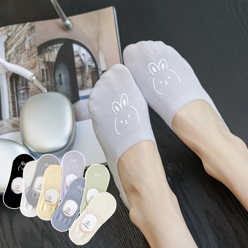 5双包邮新款纯色休闲小兔袜子短袜女透气隐形船袜女不掉跟女短袜