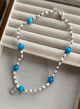 海洋蓝颈链串珠混珠链时髦项链玛瑙石个性多色系蓝色夏新锁骨松石