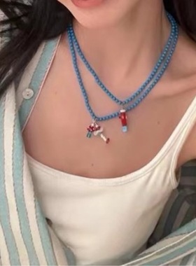 夏款小鱼蘑菇蓝色串珠项链小众设计感多巴胺彩色吊坠叠戴锁骨链女