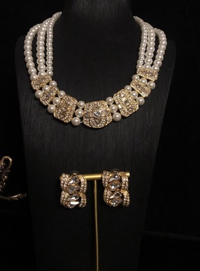 复古赫本风珍珠项链宝石耳钉套装中古风感满钻镀金颈链毛衣链