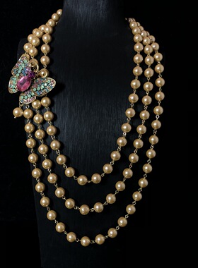 中古饰品设计感多层香槟色人造珍珠项链毛衣链蝴蝶胸针可拆卸