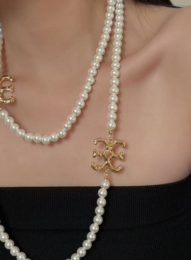 豆豆同款大logo珍珠项链轻奢高级感毛衣链百搭气质时尚锁骨链颈饰