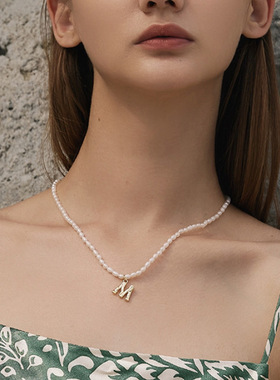复古竹节字母项链女式小米珠珠铜镀金小粒欧美26英文锁骨链