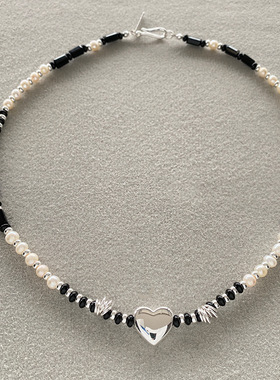 中古vintage复古淡水珍珠项链宫廷风黑玛瑙锁骨链时尚感项饰