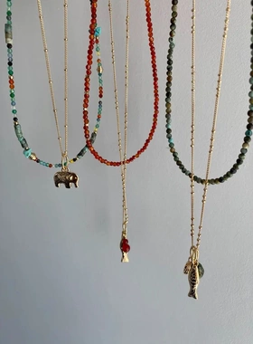 青岛美琳 年年有鱼套组项链夏日度假风红玛瑙绿松天然石串珠链