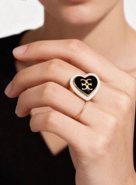 博主同款黑白拼接爱心开口珐琅戒指 轻奢名媛风个性百搭女潮流女