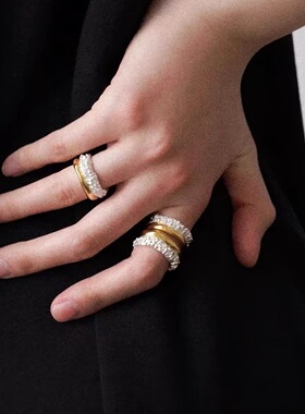 轻奢金银拼色窄面开口戒指女