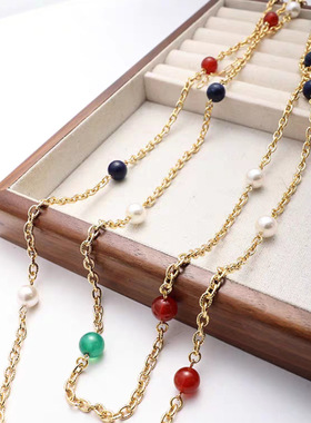 vintage中古红绿蓝彩色豆豆宝石长款项链多层叠戴宝石复古腰链长