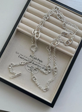 春夏新款银色超长猪鼻子项链多种戴法时髦气质叠戴OT扣链毛衣链