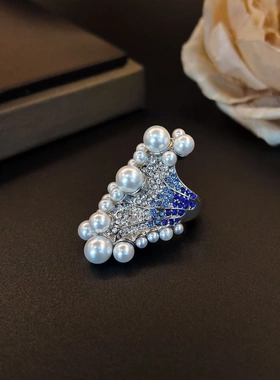 高级感渐变蓝白镶钻不规则大小仿珍珠海浪戒指女气质复古饰品